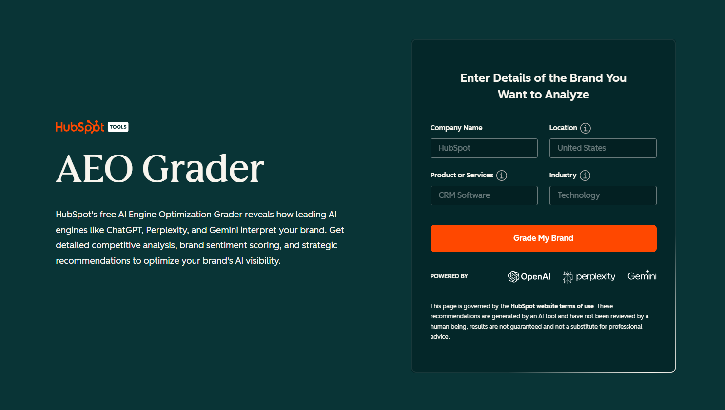Hubspot AEO grader homepage