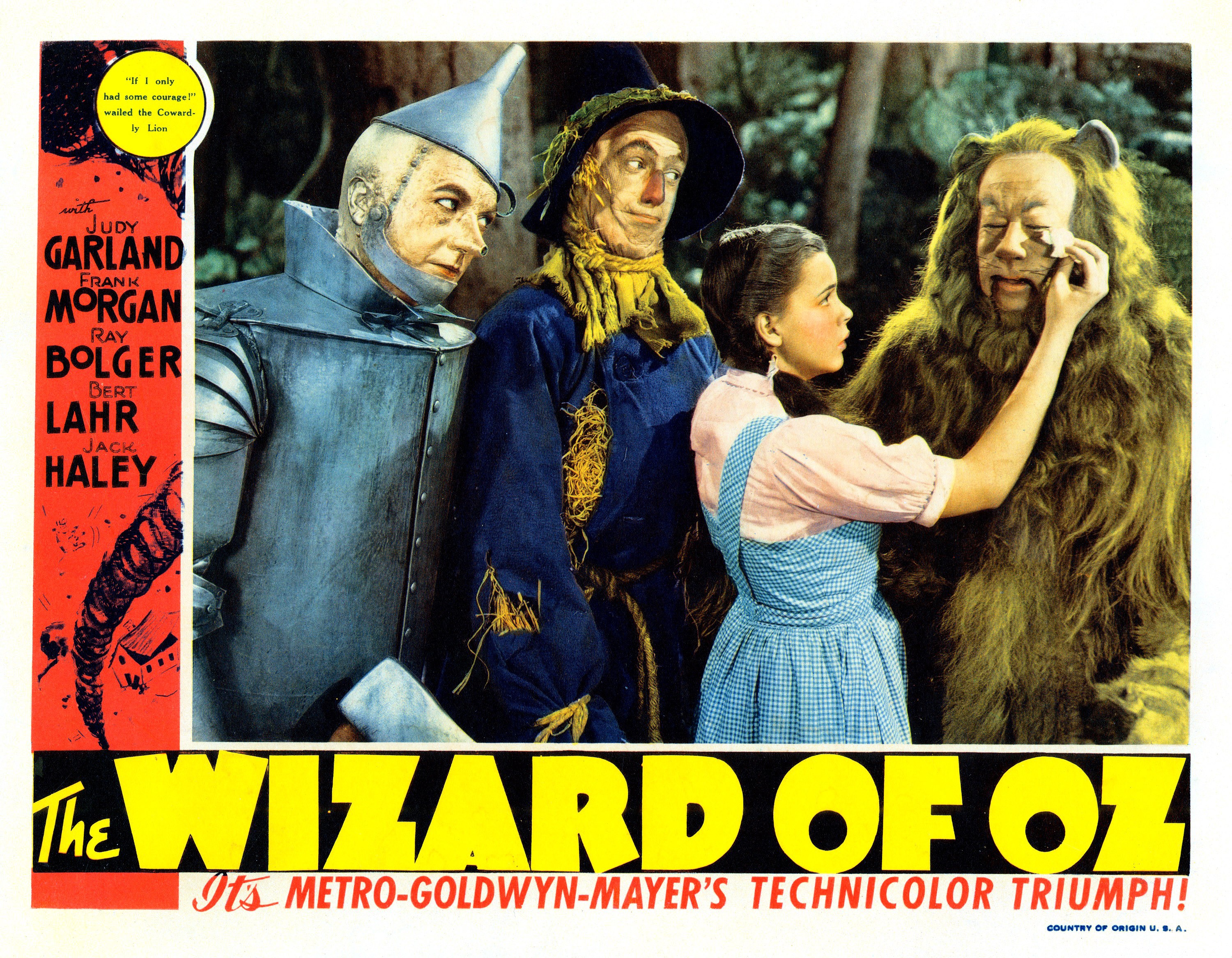 The Wizard Of Oz, lobbycard, from left: Jack Haley, Ray Bolger, Judy Garland, Bert Lahr, 1939. (Photo by LMPC via Getty Images)