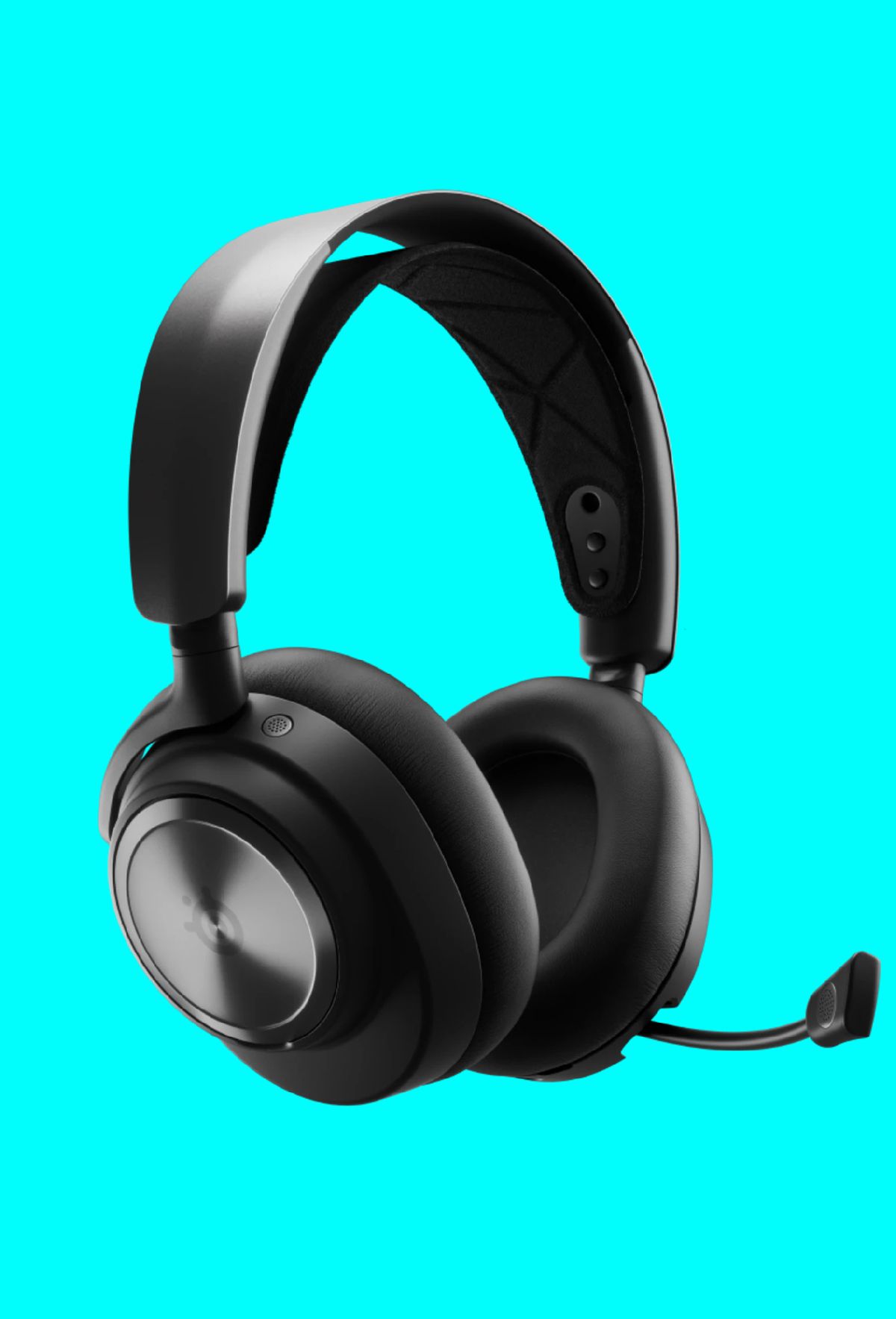 The SteelSeries Arctis Nova Pro gaming headset on a light blue background