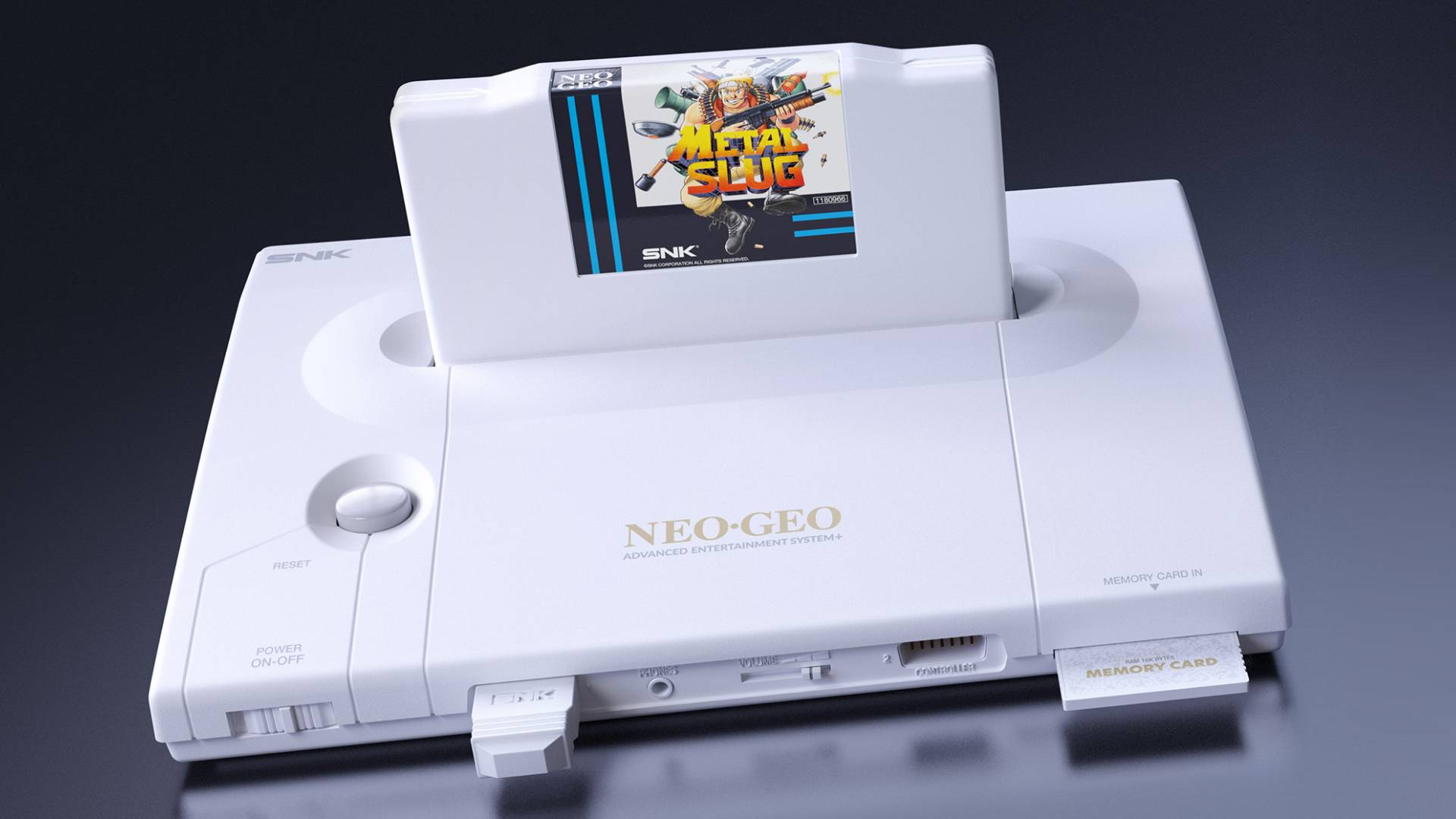 White Neo Geo AES+ console with wireless controller adapter and memory card inserted with Metal Slug cartridge on top.