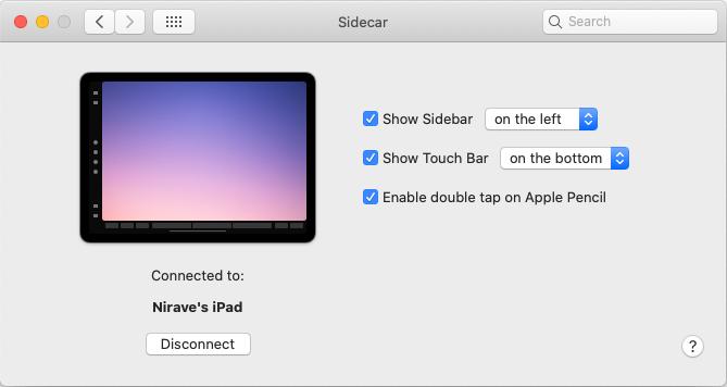 The settings menu and options for Sidecar