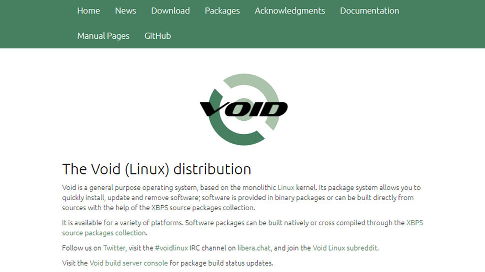 Website screenshot of Void Linux