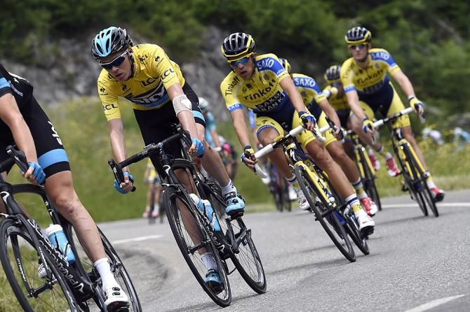 Tinkoff Saxo follow Team Sky during stage 7