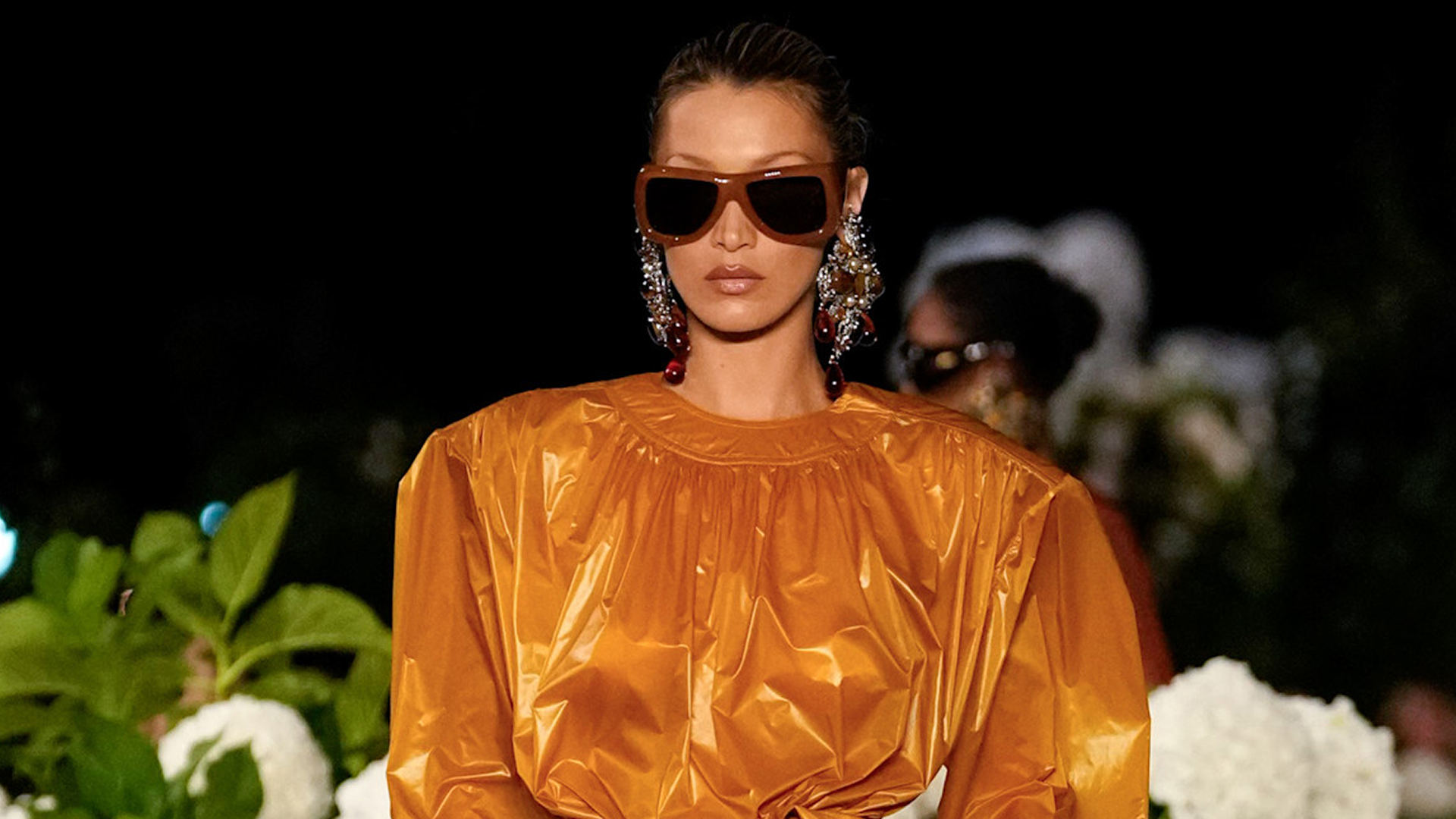 Bella Hadid modeled in the Saint Laurent Spring 2026 runway show during Paris Fashion Week