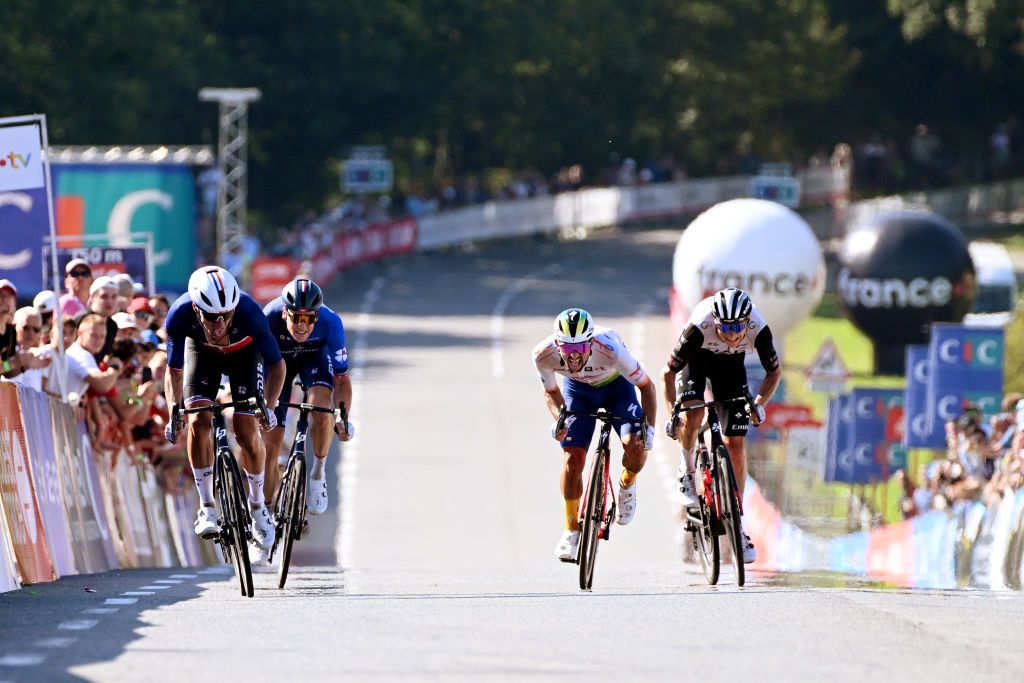 Valentin Madouas (Groupama-FDJ), Mathieu Burgaudeau (TotalEnergies) and Felix Gro&szlig;schartner&nbsp; (UAE Team Emirates) sprint for the line