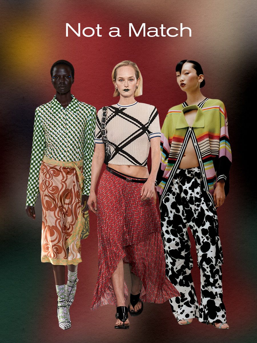 spring print trend: mixing motifs, models wearing mismatch print outfits in spring/summer 2024 collections