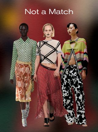 spring print trend: mixing motifs, models wearing mismatch print outfits in spring/summer 2024 collections