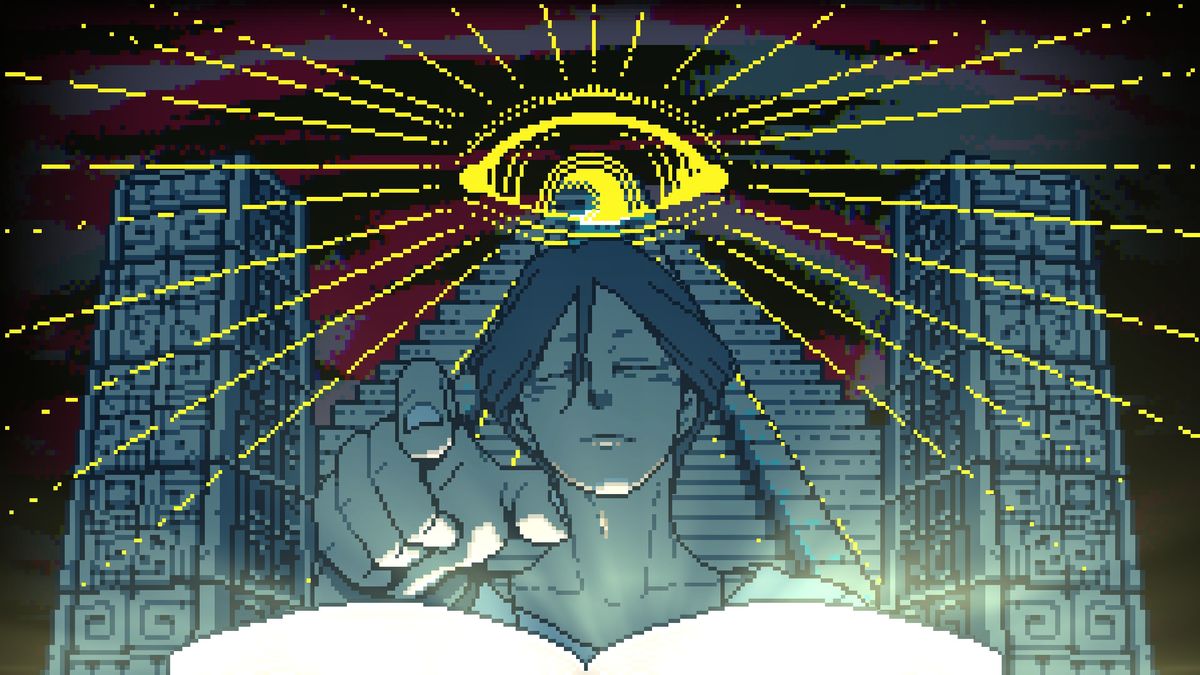 An ominous man holds his finger over a book, eyes closed, while an eye floats above a pyramid behind him.