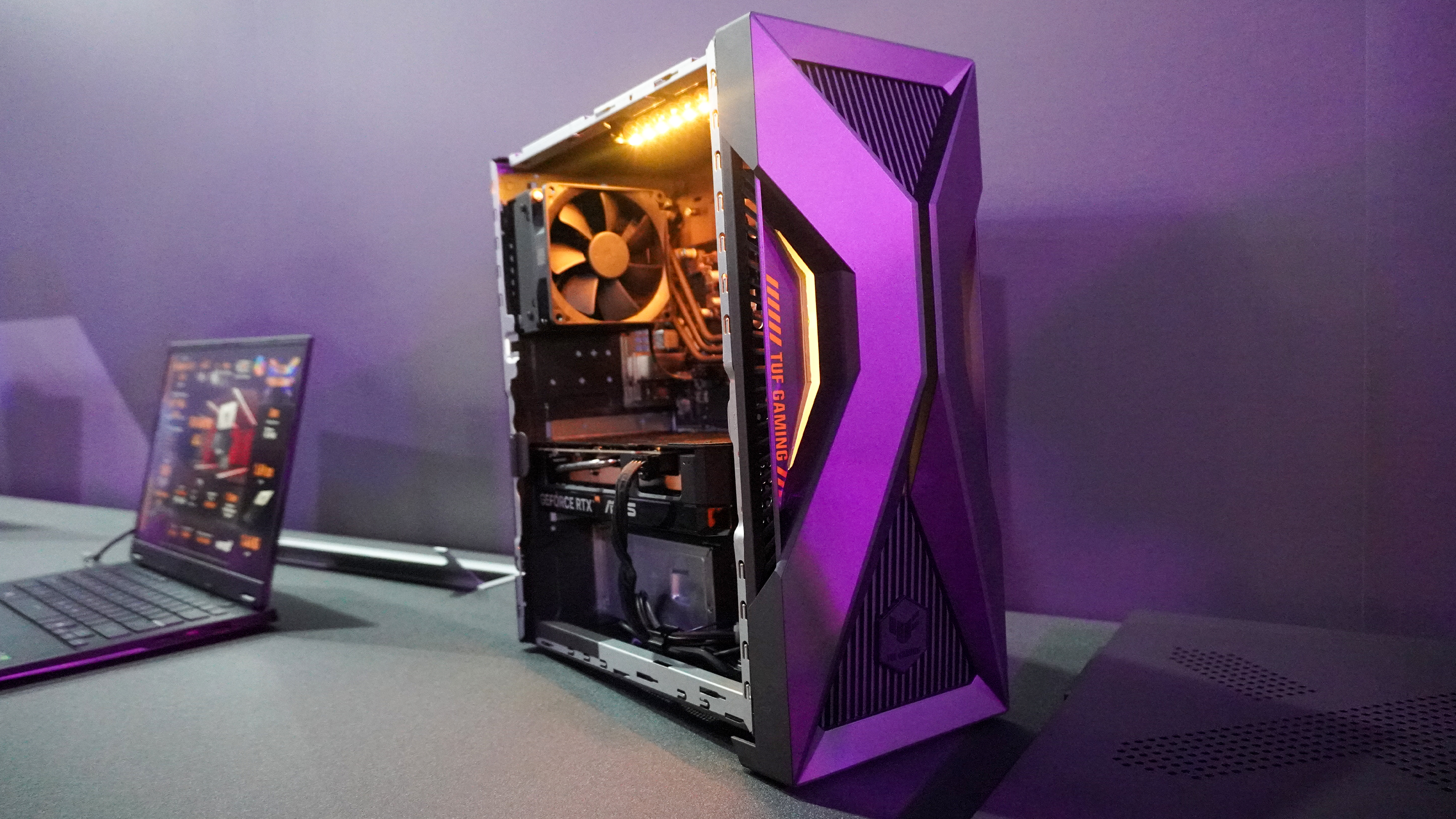 Side view of Asus TUF Gaming T500 gaming PC on table
