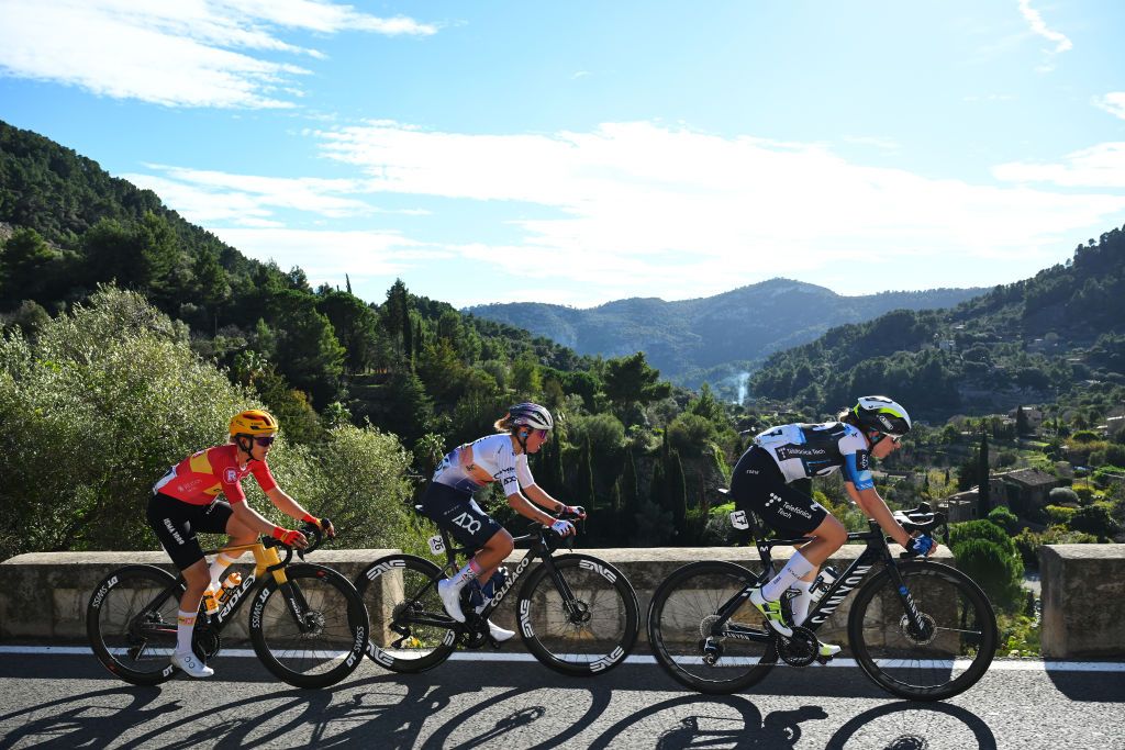 ANDRATX SPAIN JANUARY 27 LR Katrine Aalerud of Norway and Team UnoX Mobility Silvia Persico of Italy and UAE Team ADQ and Marlen Reusser of Switzerland and Movistar Team compete during the 2nd Challenge Femenino Ciclista Mallorca 2025 Trofeo Binissalem Puerto de Andratx a 1075km One day race from Binissalem to Port dAndratx 168m on January 27 2025 in Binissalem Spain Photo by Tim de WaeleGetty Images