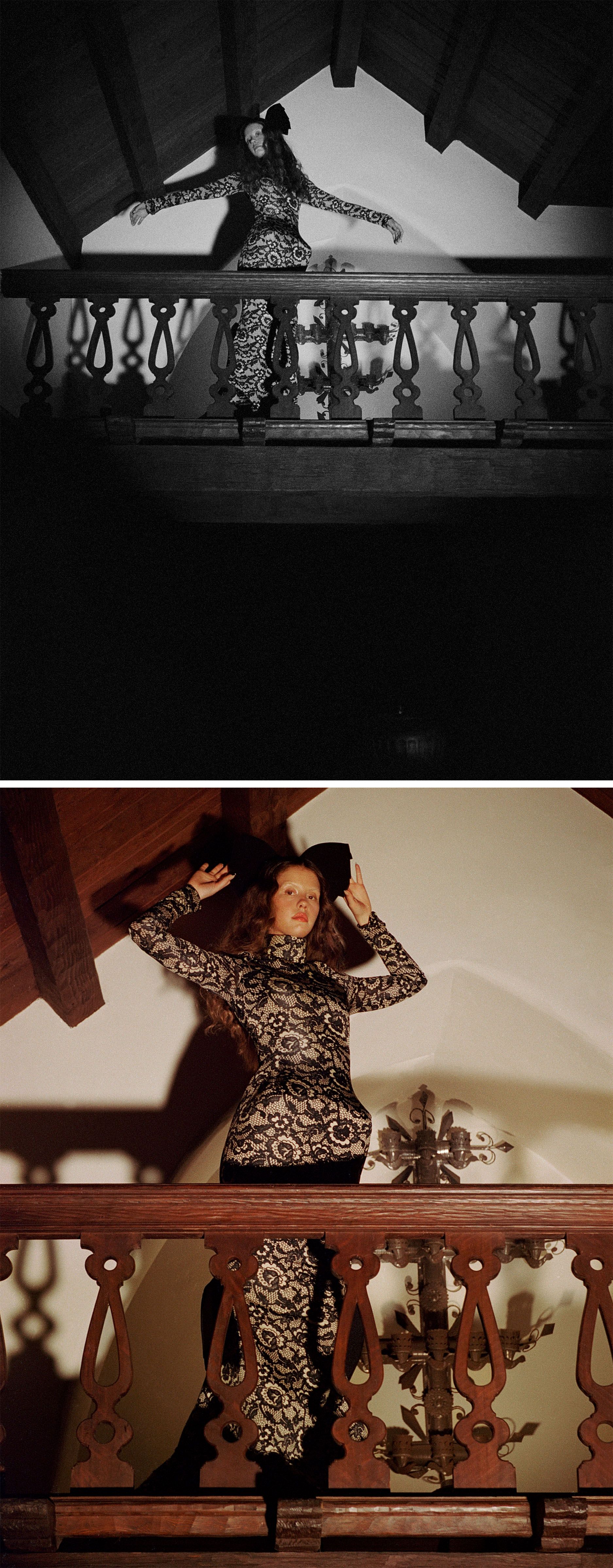 Mia Goth photo shoot for Who What Wear's October Cover Story. Mia is standing next to the railing on the second story. She is wearing a black lace turtleneck dress and oversized black bow by Marc Jacobs.