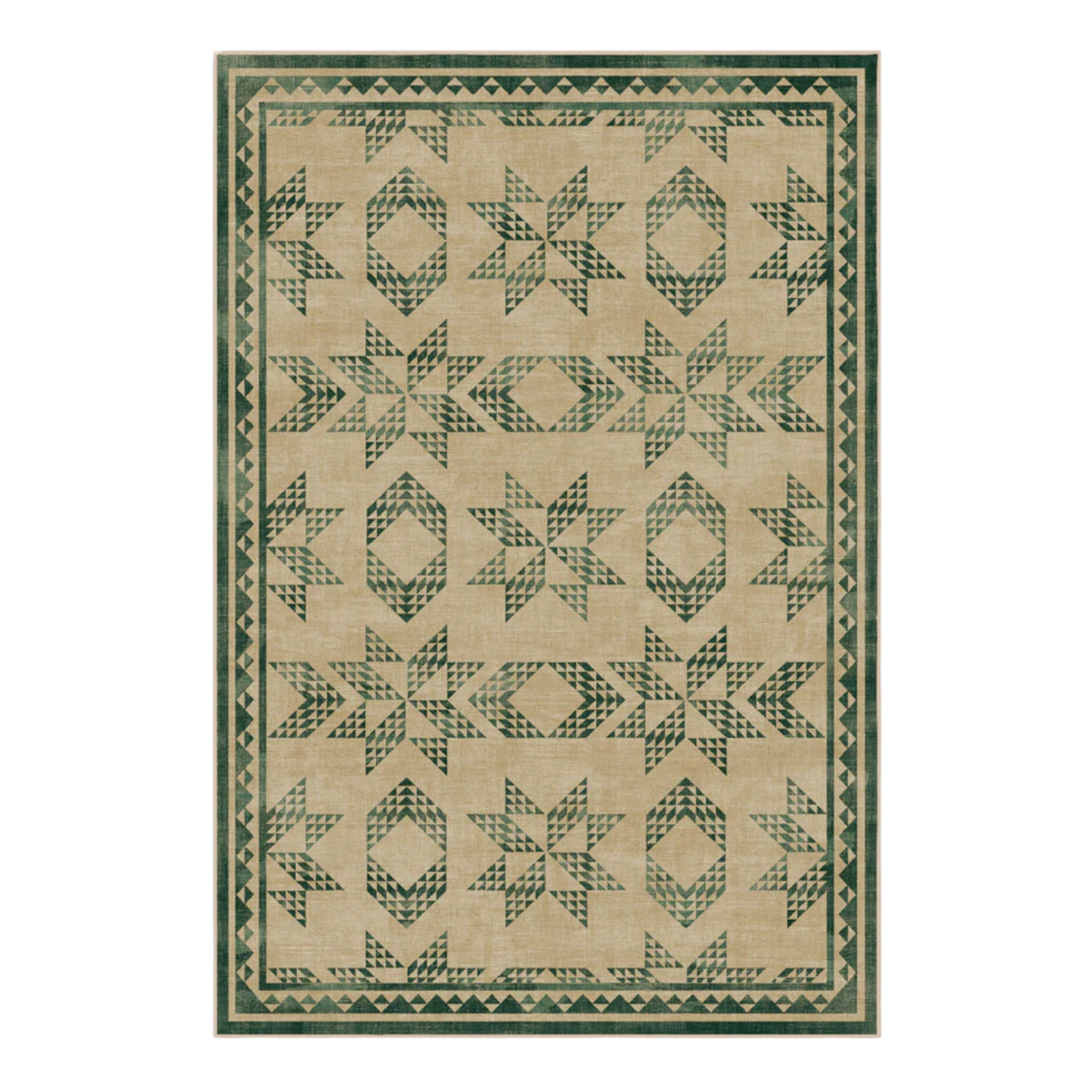 a green rug with a patchwork-style pattern