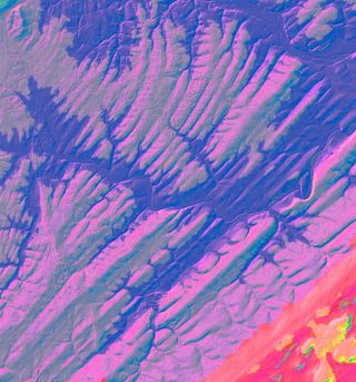An elevation map of Flemington, New Jersey, shows ridges, in purple, of sediments created during wet periods interspersed with greenish layers of sediments that were laid down during dryer periods.