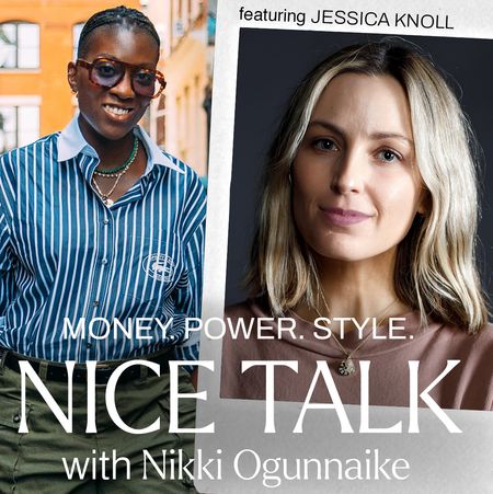 A photo of Nikki Ogunnaike with an inset photo of Jessica Knoll and text reading Money. Power. Style. Nice Talk with Nikki Ogunnaike