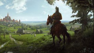 Manor Lords promo art - knight on horseback looking at a medieval village in the distance, viewed from behind