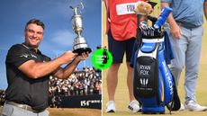 Ryan Fox holds the Claret Jug and a close-up of his golf bag