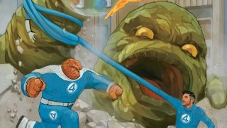Part of a screenshot of Marvel's The Fantastic Four: First Steps tie-in comic, which shows The Thing and Mr Fantastic fighting Giganto