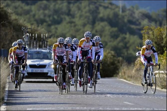 Lotto Belisol head out on the non-descript roads to the north of Valencia