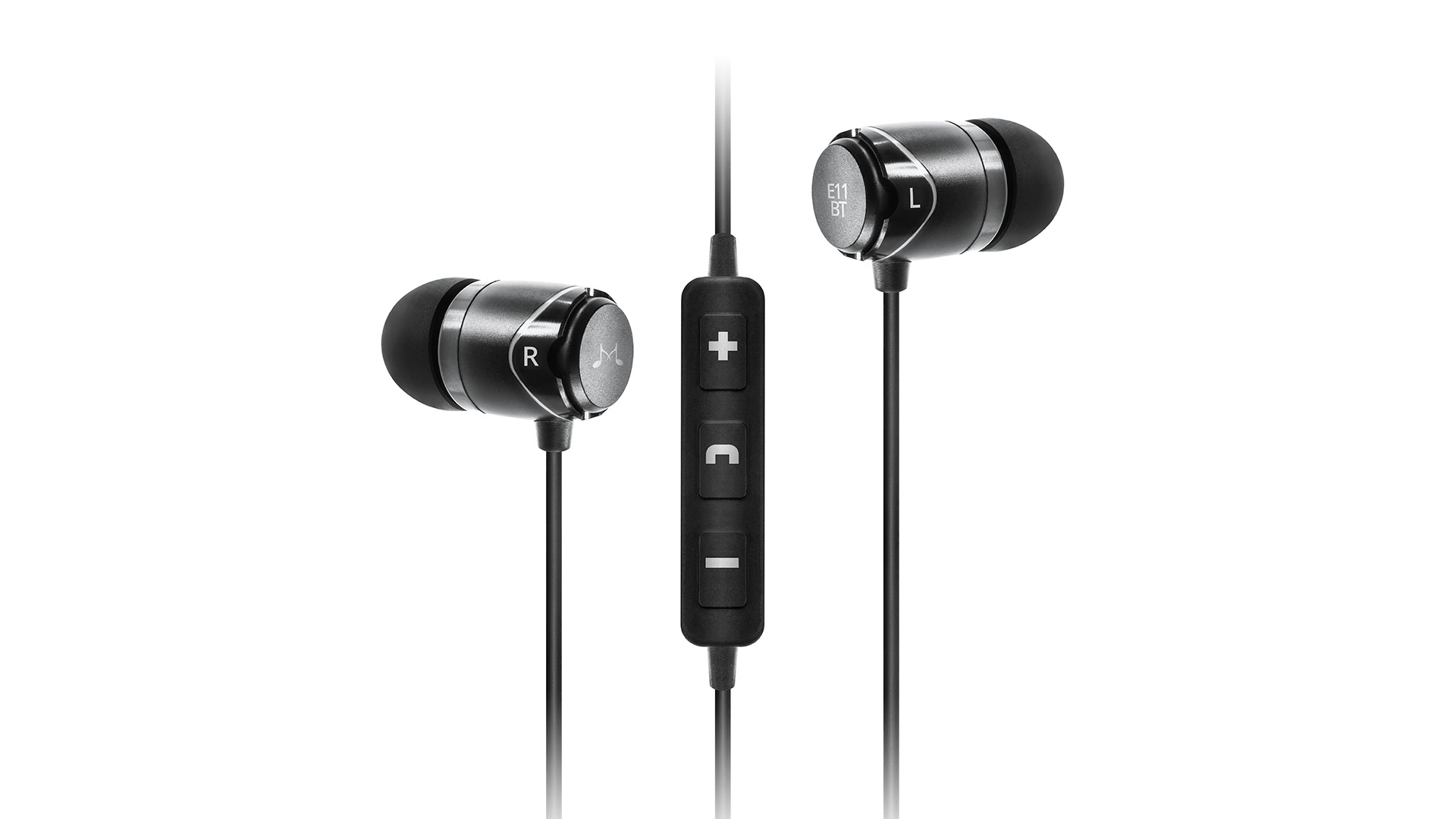 the soundmagic e11bt wireless earbuds in black, showing the earbuds next to the remote control