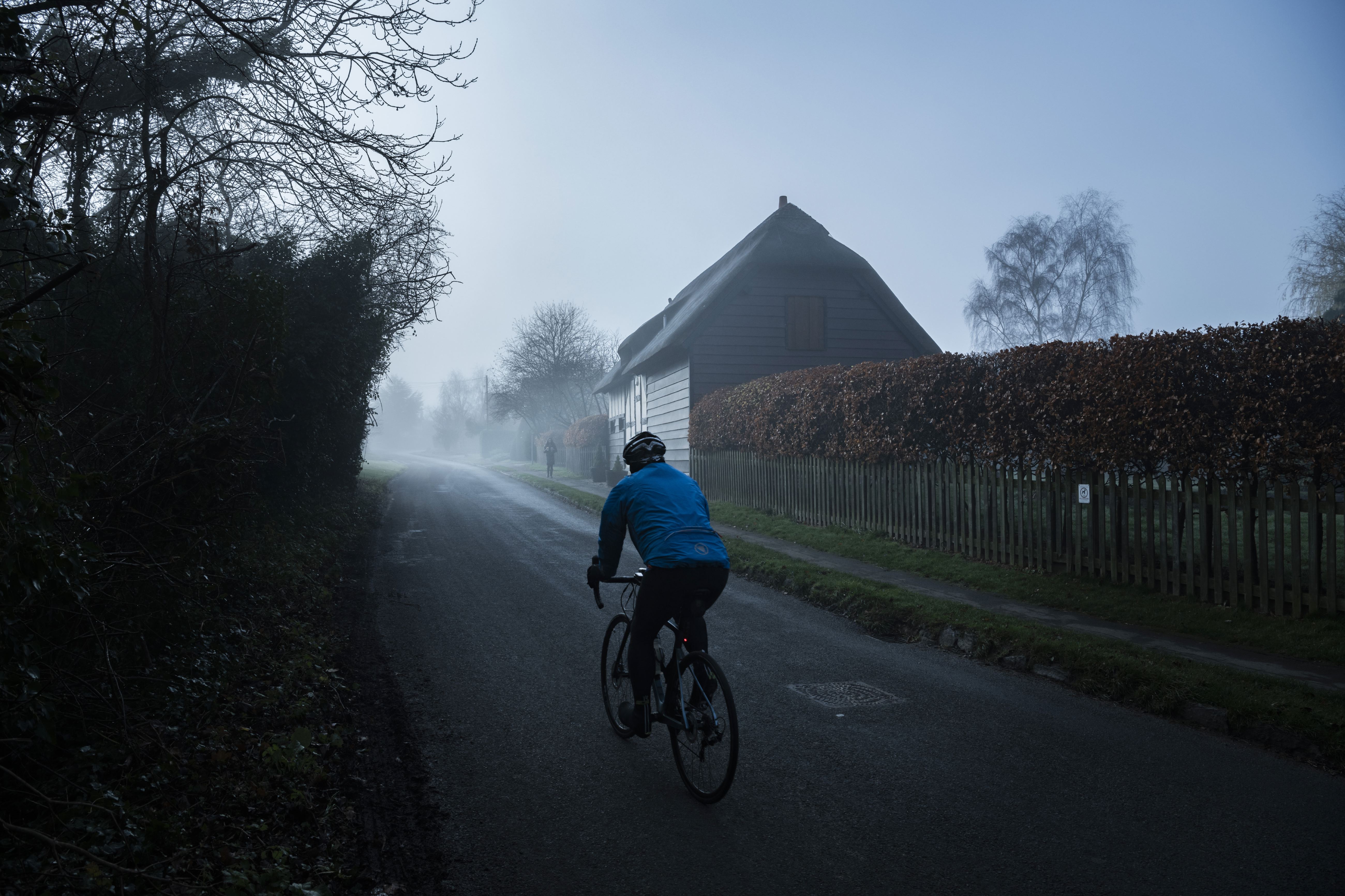 Man rides in UK winter scene