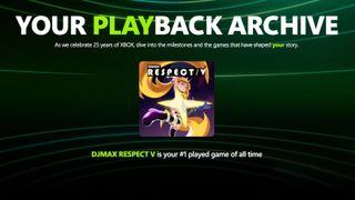 Green Xbox-themed “Your Playback Archive” celebrates 25 years, showing a Respect V game cover and naming it your #1 played game of all time.