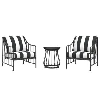 Metal bistro set with small table and two chairs with black and white striped cushions