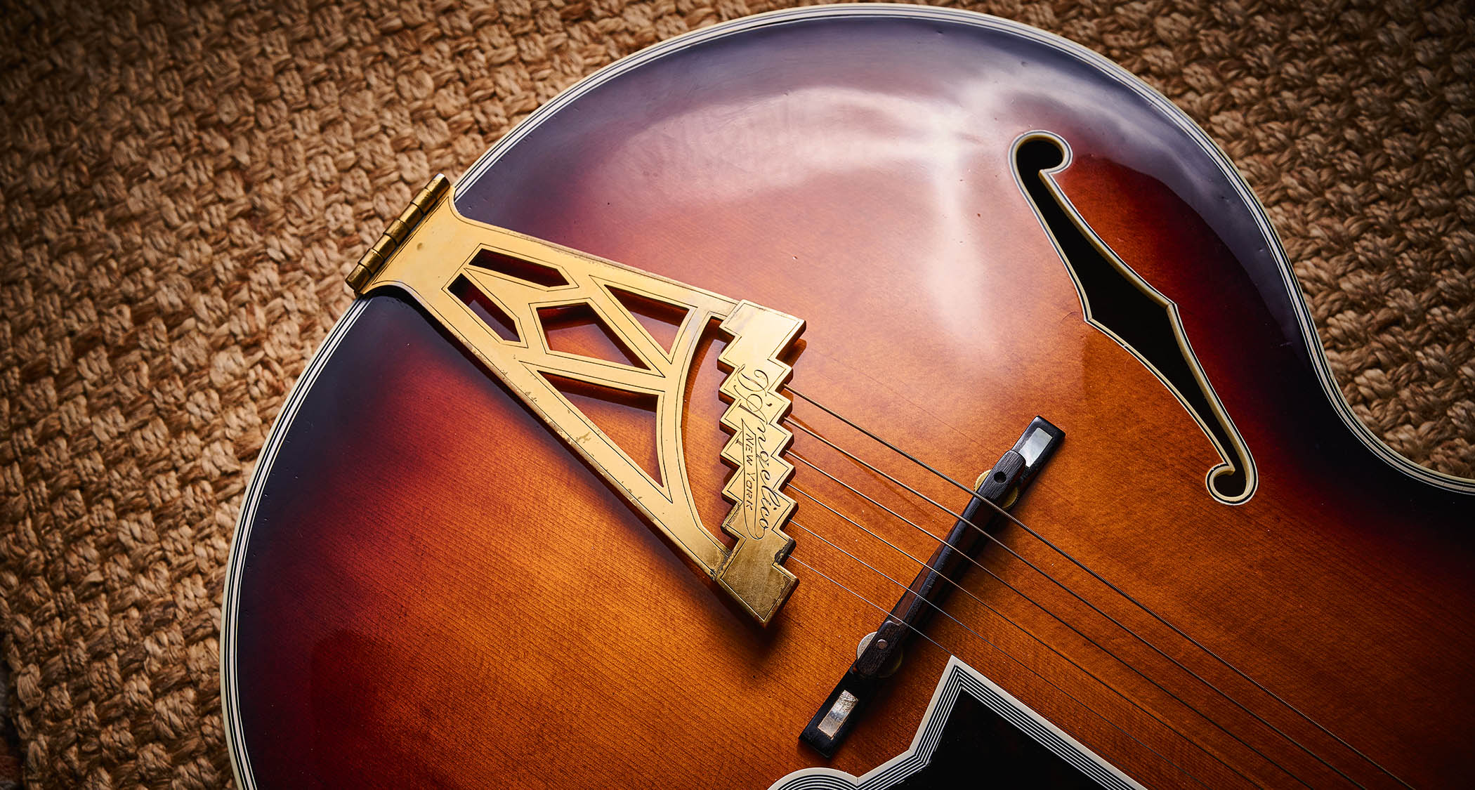 1942 D’Angelico New Yorker: the vintage archtop has a handsome brass tailpiece and decorative headstock that the NYC company would riff on in years to come.