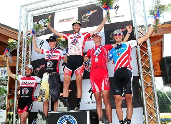 Elite men's podium (L to R): Sid Taberlay (ShoAir) fourth, Max Plaxton (ShoAir) second, Geoff Kabush (Team Maxxis-Rocky Mountain) first, Todd Wells (Specialized) third, Jeremy Horgan-Kobelski (Gary Fisher) fifth