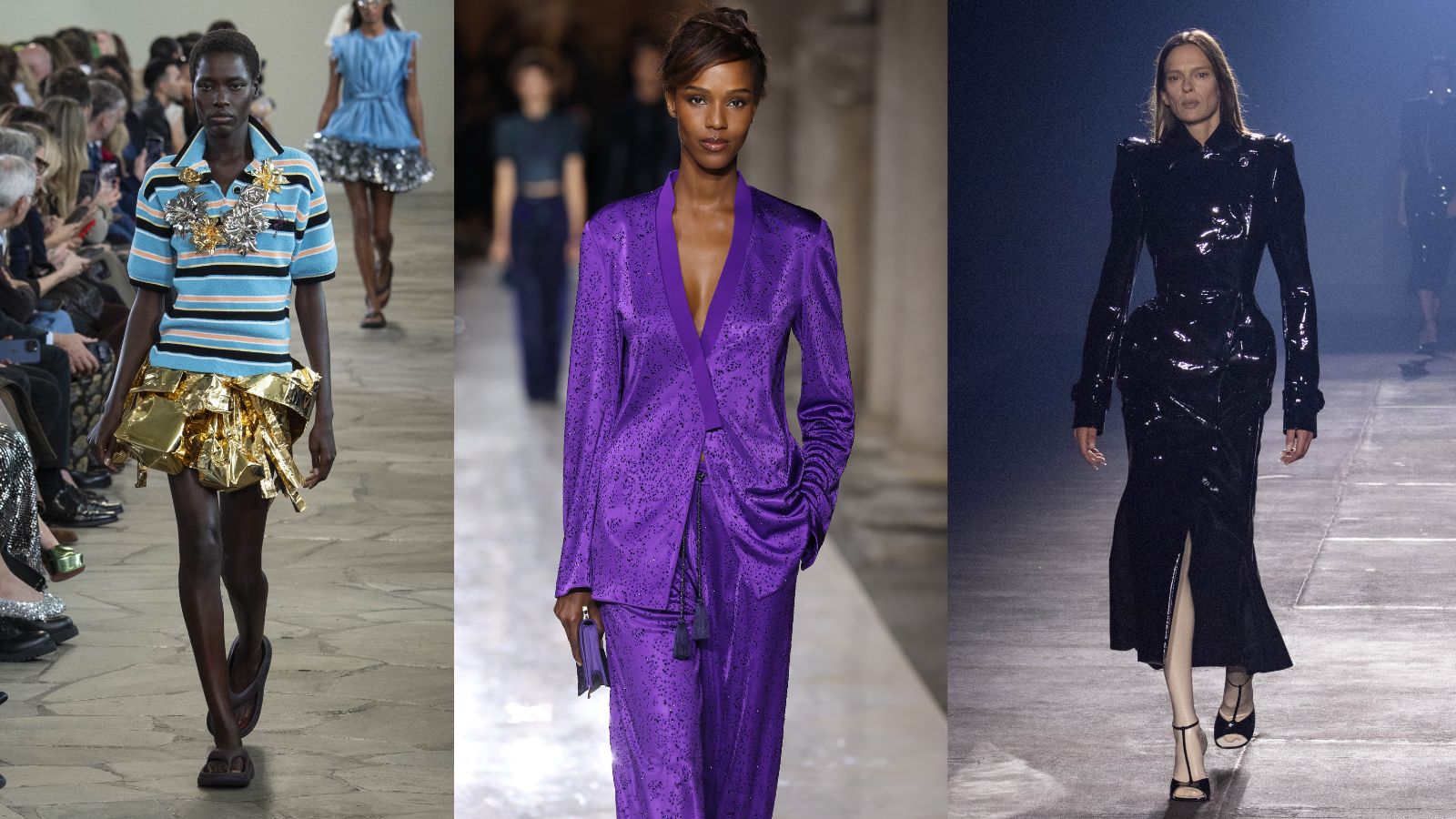 3 models on the runway in: Paco Rabanne, Armani, Mugler