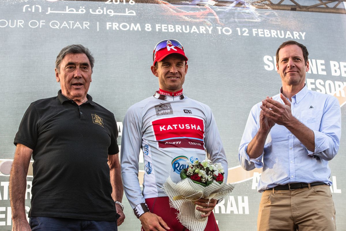 Eddy Merckx, Alex Kristoff and Christian Prudhomme on the podium