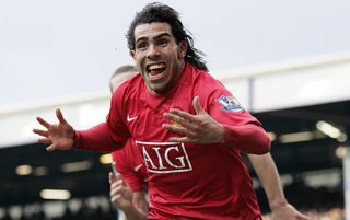 Argentine forward Carlos Tevez playing for Manchester United, celebrating after scoring a goal