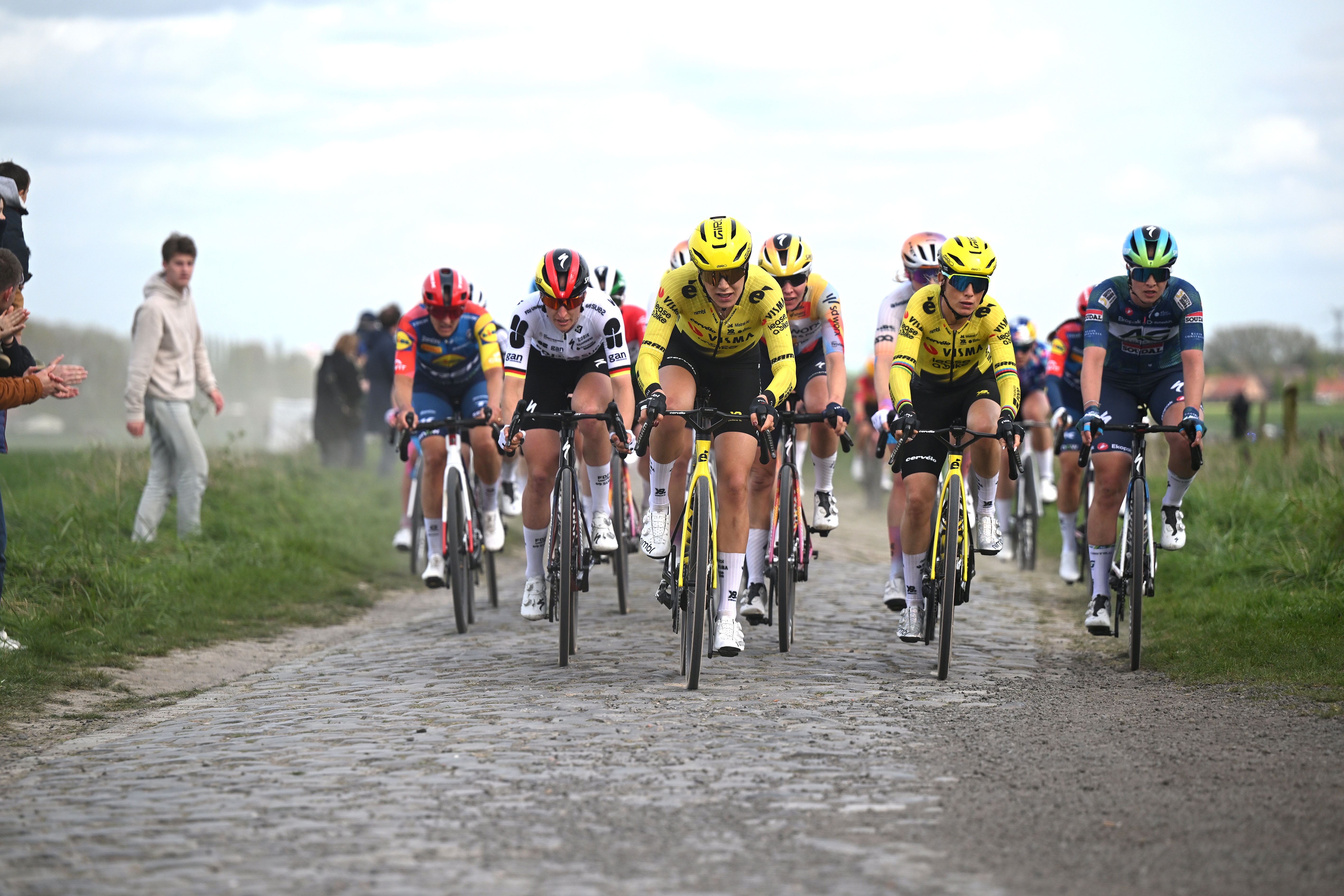 (L-R) Franziska Koch of Germany and FDJ United - SUEZ, Daniek Hengeveld of Netherlands and Pauline Ferrand-Prevot of France and Visma-Lease a Bike compete during the 6th Paris-Roubaix Femmes 