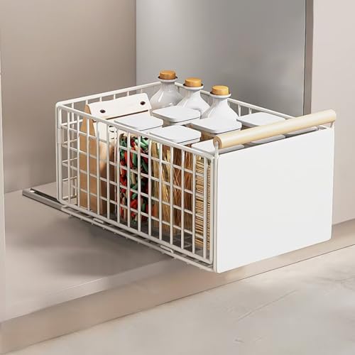 Pull Out Cabinet Organiser, Pull Out Kitchen Storage Foldable, 23.5*19.5*39.5~56.5cm, Kitchen Cupboard Organiser With Handle, No Drill Adjustable Drawers, Slide Out Drawers for Kitchen Cabinets, White
