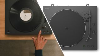 Sony turntables in a split-screen configuration, one with a hand pressing one of the turntable's three buttons for automatic operation