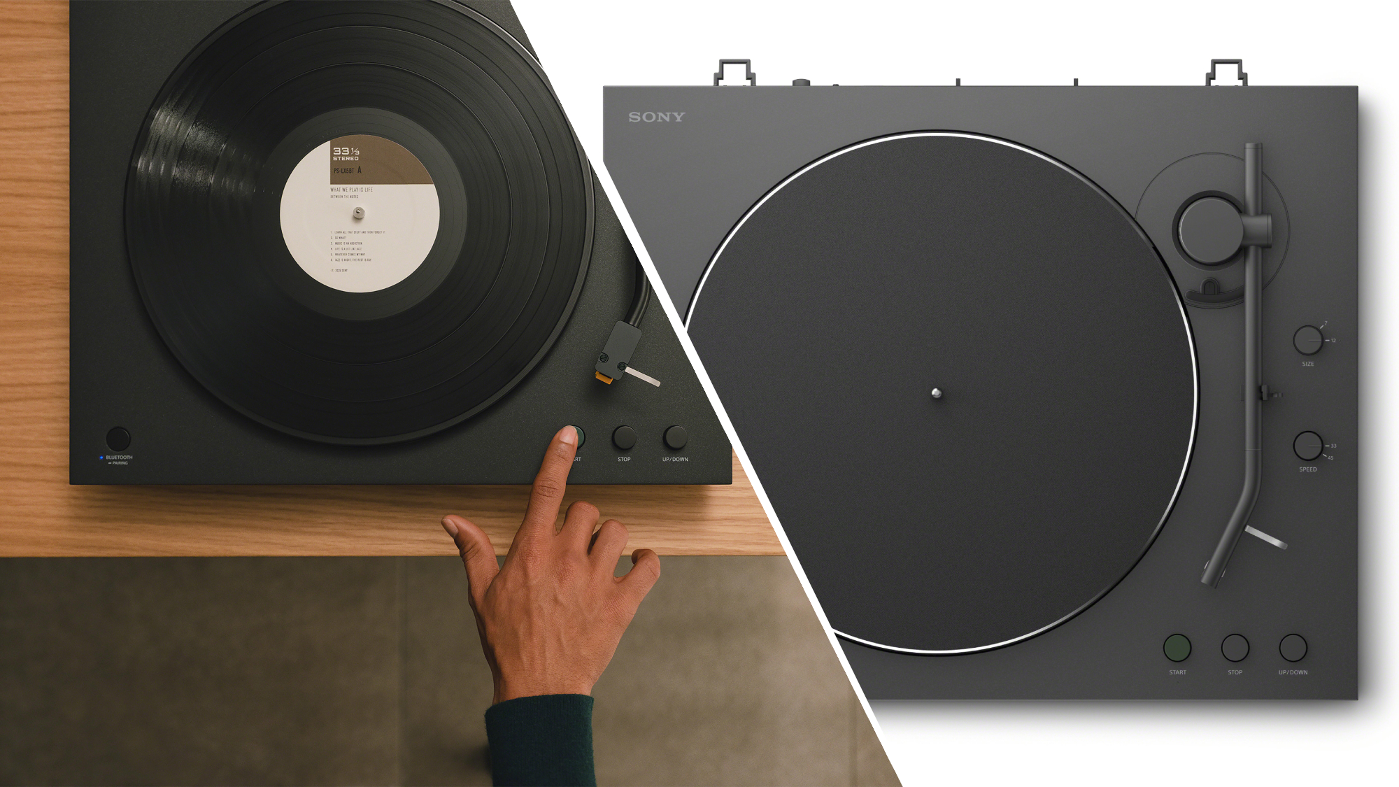Sony turntables in a split-screen configuration, one with a hand pressing one of the turntable's three buttons for automatic operation