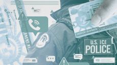 Photo collage of and ICE agent, green cards, and suspicious message icons.