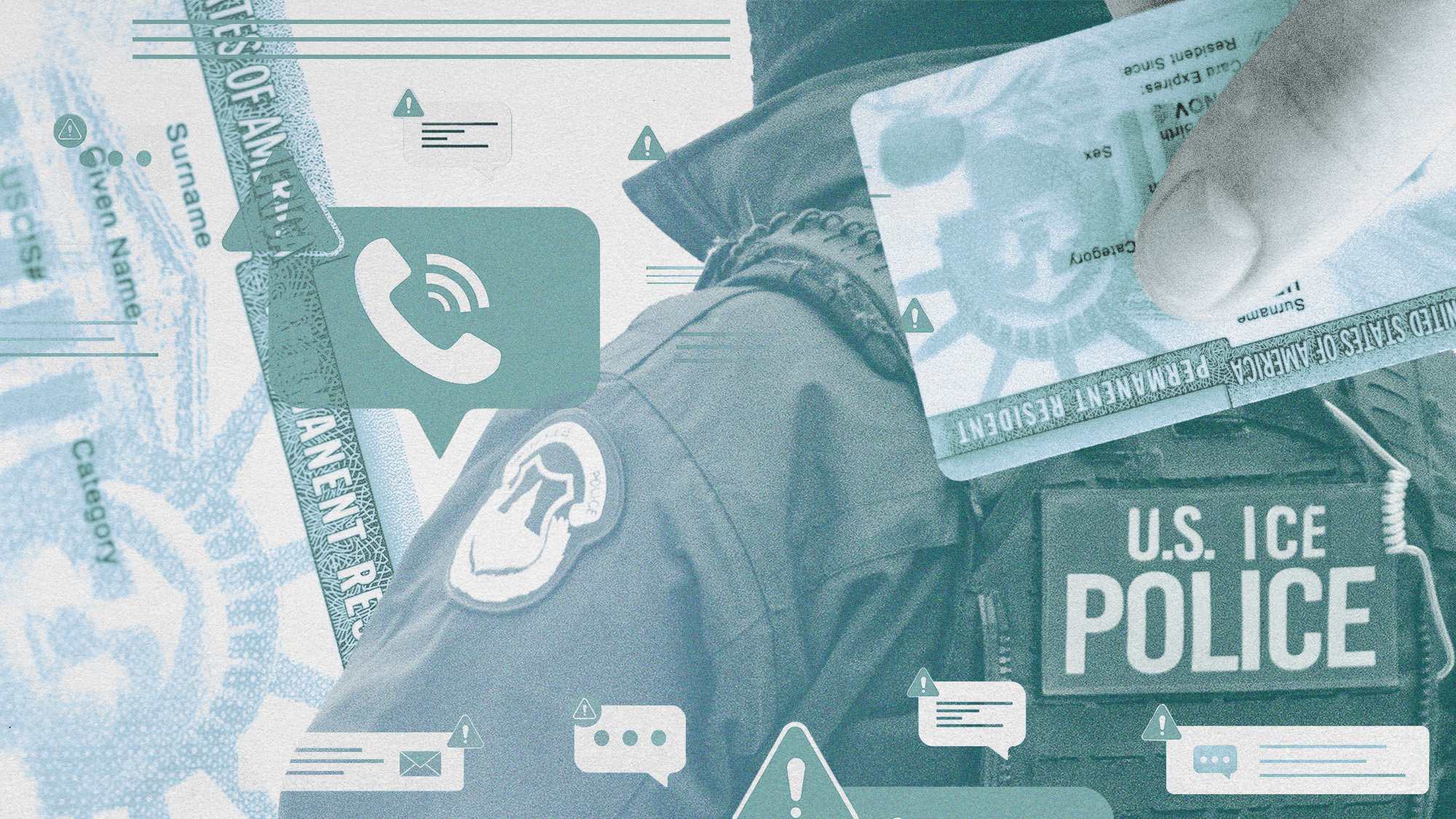 Photo collage of and ICE agent, green cards, and suspicious message icons.