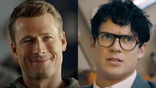 Glen Powell as Hangman in Top Gun: Maverick/ David Corenswet wearing glasses as Clark Kent in Superman (side by side) 