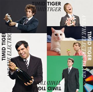 Tiger Tiger poster featuring five images of men in suits holding individual items, including a bunch of flowers, a bottle of champagne, a surf board,. Also included is a white cat.