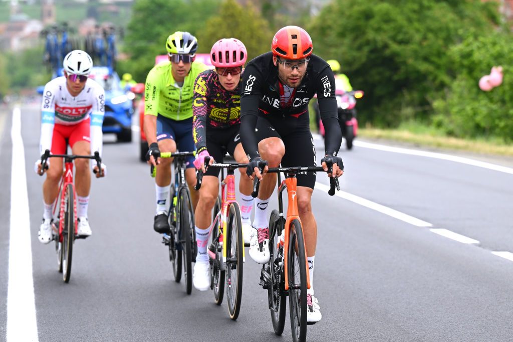 ACQUI TERME ITALY MAY 07 Filippo Ganna of Italy and Team INEOS Grenadiers competes in the breakaway the 107th Giro dItalia 2024 Stage 4 a 190km stage from Acqui Terme to Andora UCIWT on May 07 2024 in Acqui Terme Italy Photo by Tim de WaeleGetty Images