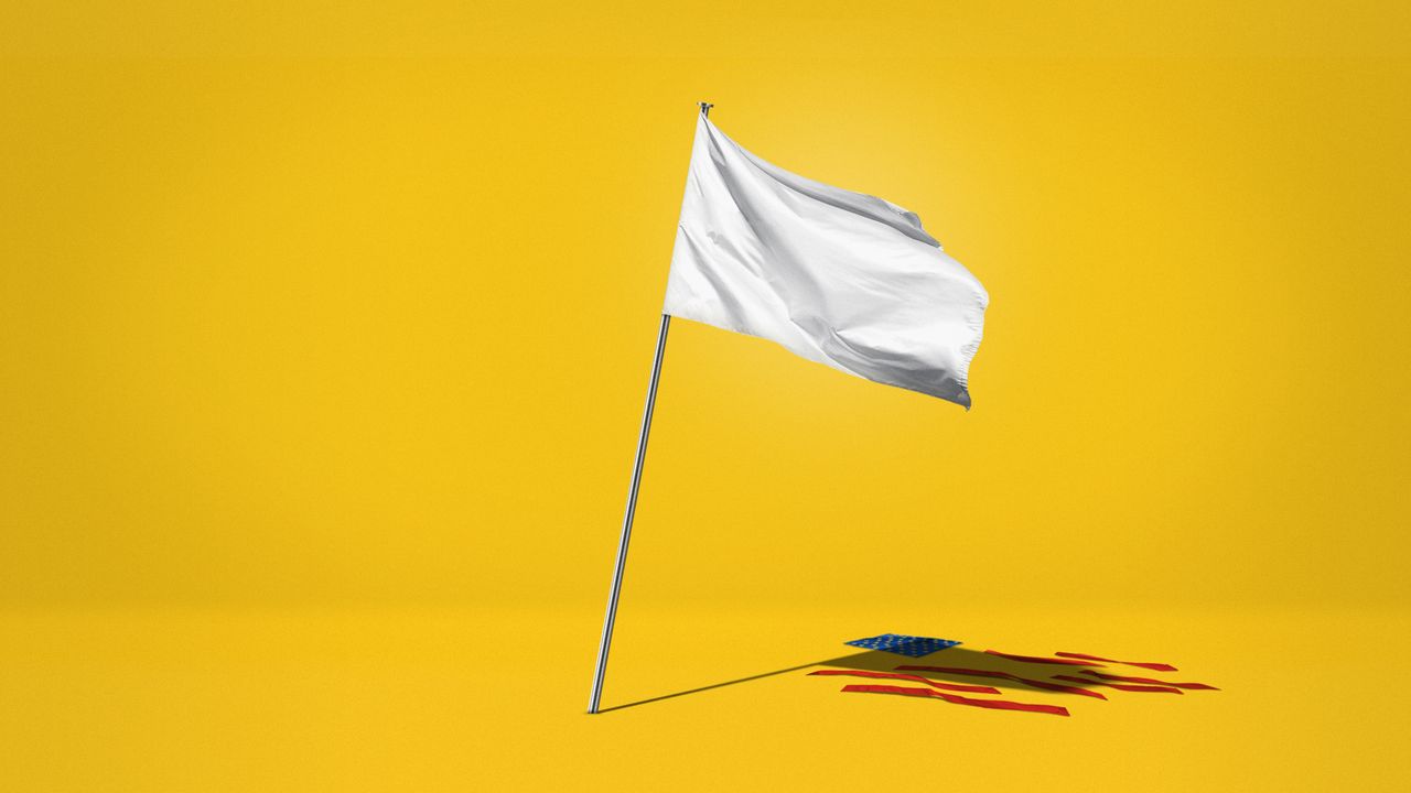 Illustration of a United States flag, will the red stripes and blue canton fallen to the ground, leaving only a white flag of surrender