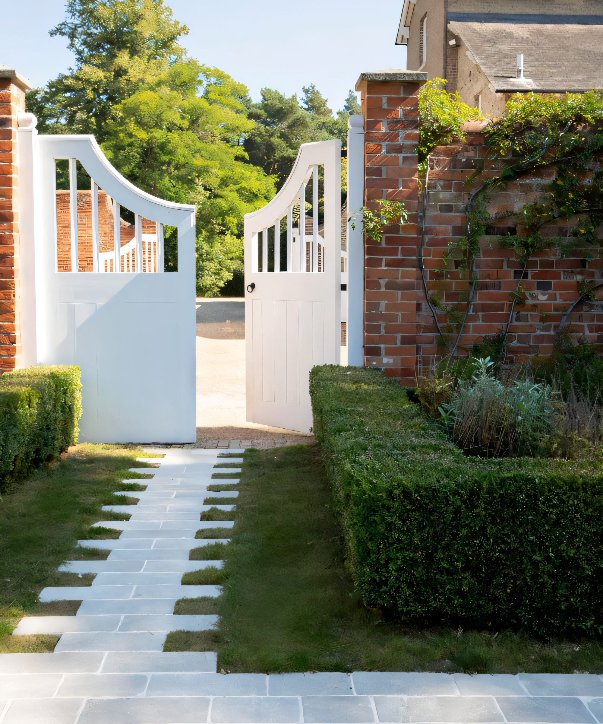 light grey stone slabs interspersed with sections of lawn leading to white wooden gates into driveway