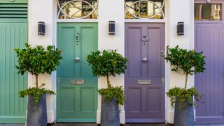 a row of front doors painted in bright colors