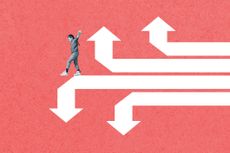 A woman walking across a down arrow surrounded by some up arrows, representing the choice between pensions and savings accounts