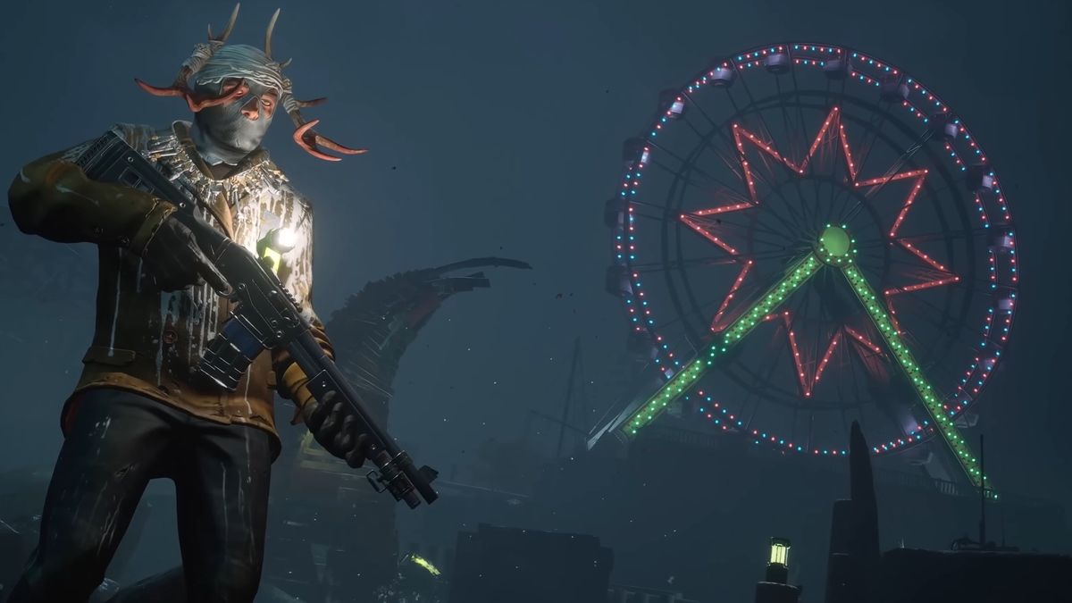 A masked gunman with antlers guards an amusement park