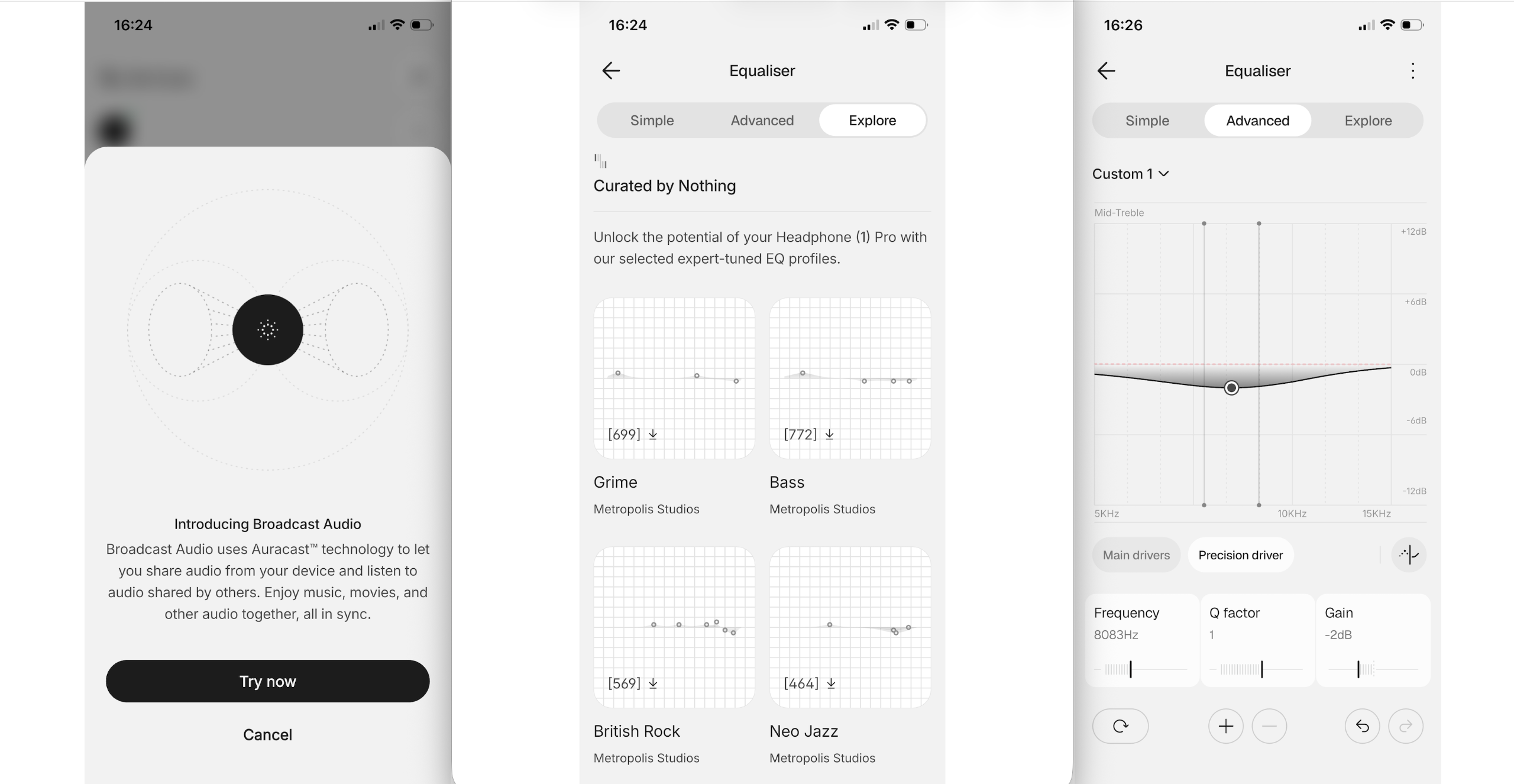 Screen-grabs of the Nothing X app, showing the features within Nothing Headphone (1) Pro
