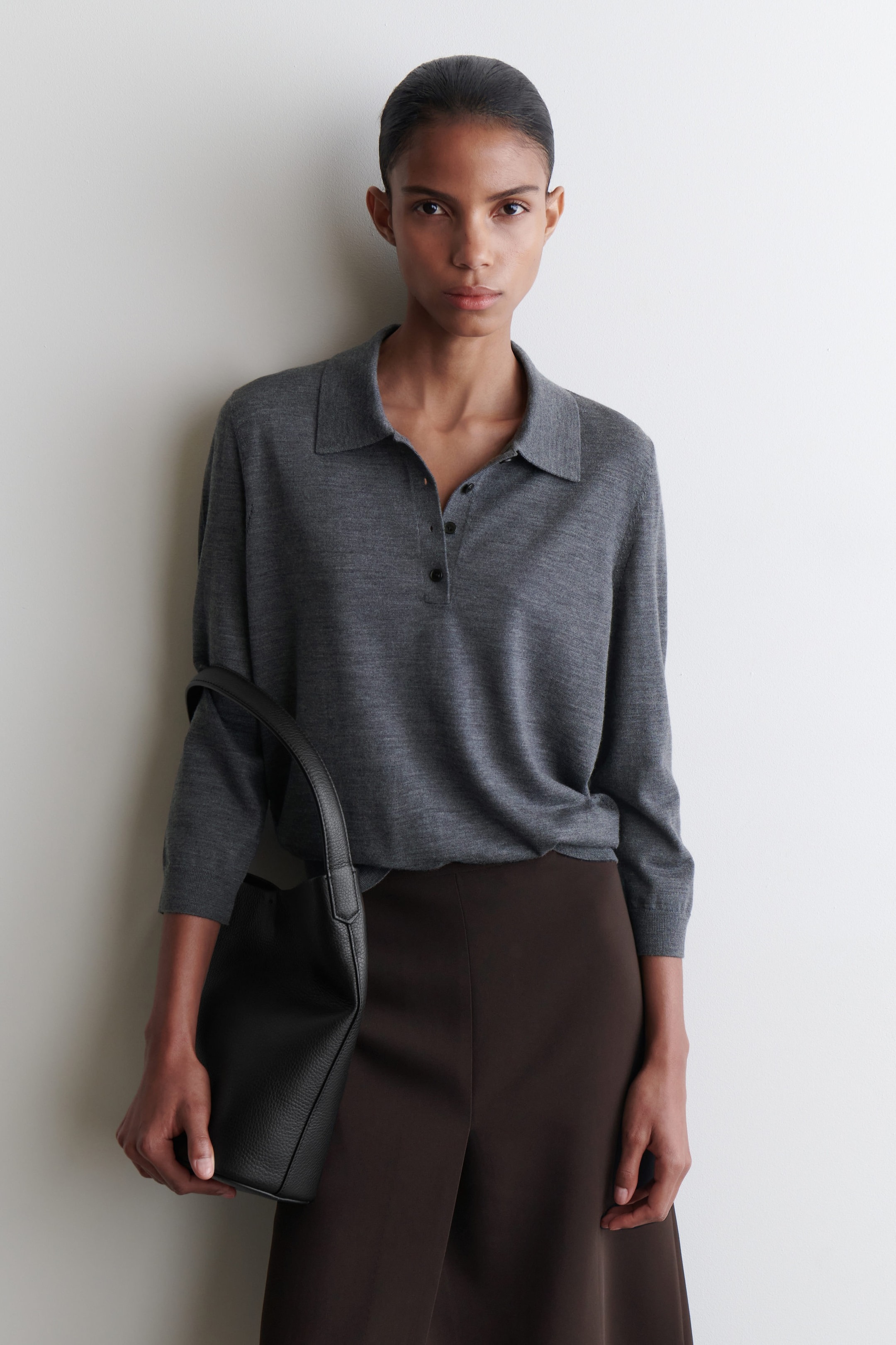 COS, Merino Wool Polo Sweater in Gray M&amp;eacute;lange