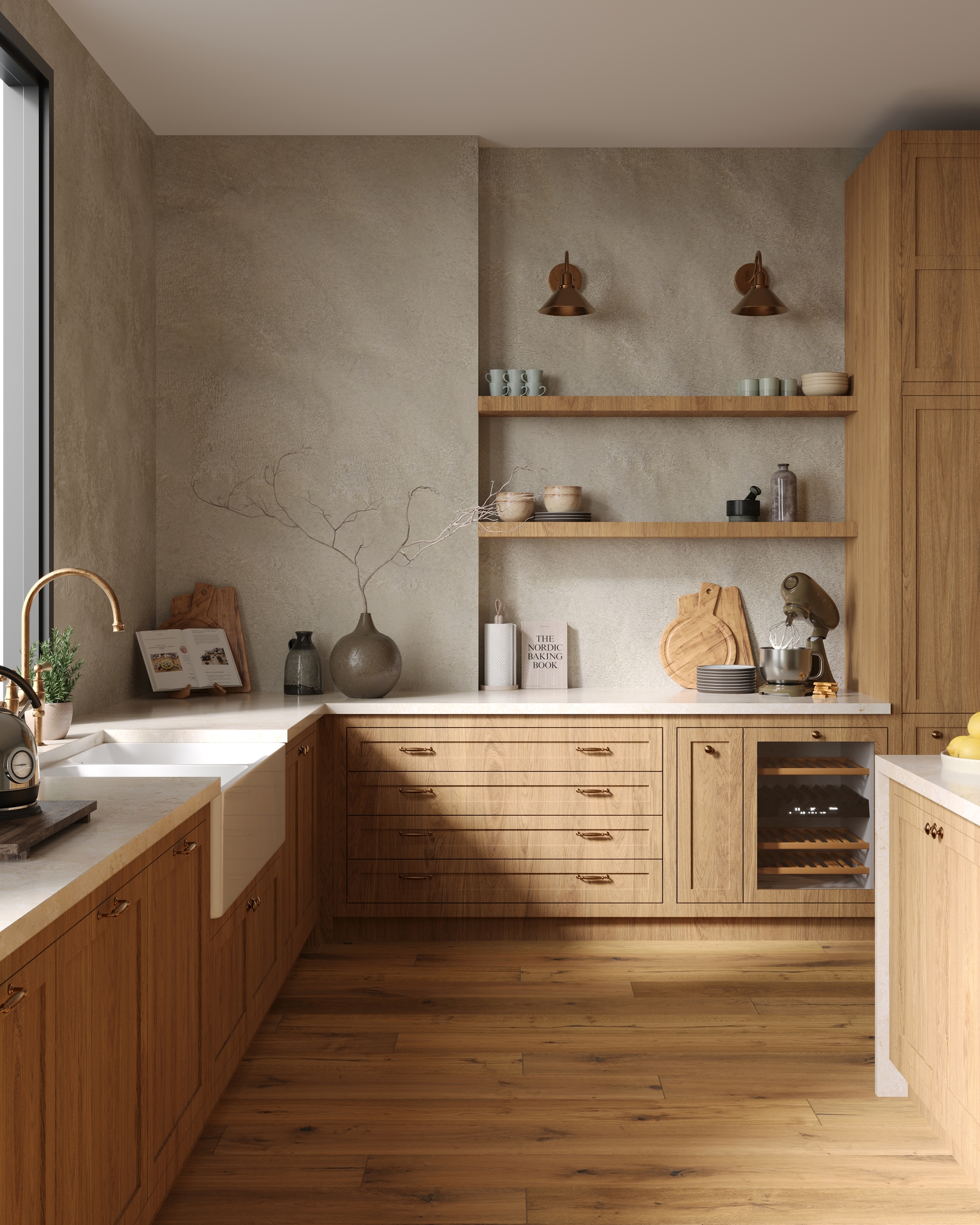 A kitchen with wooden inset cabinetry, open shelving, and wooden floorboards