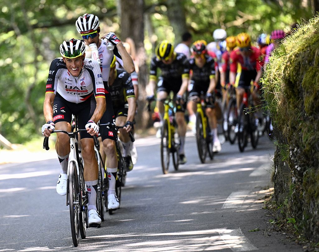 German Nils Politt of UAE Team Emirates XRG and Belgian Tim Wellens of UAE Team Emirates XRG in action during stage 6