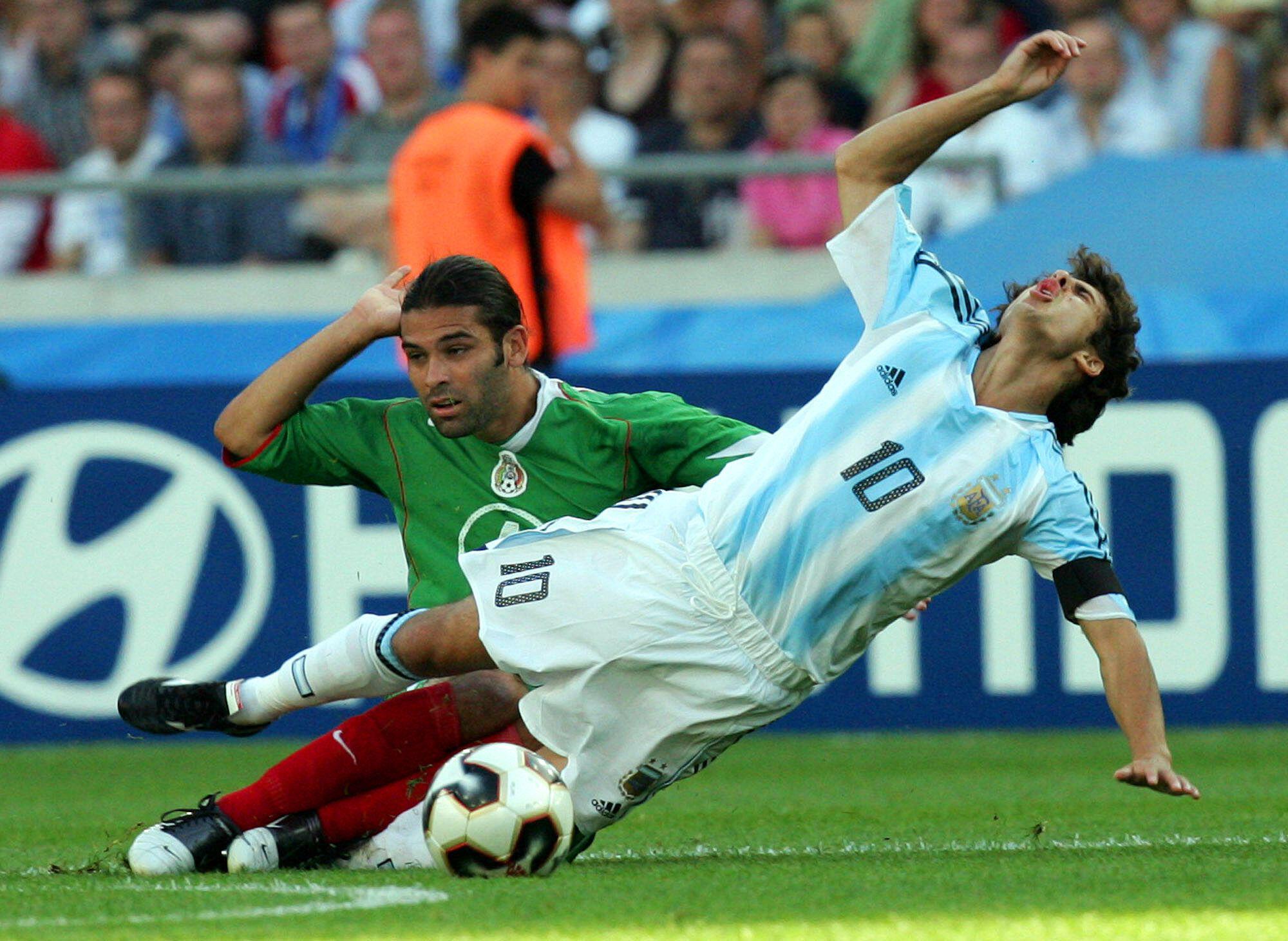 Rafael Marquez fouls Argentina's Pablo Aimar during the semi-final of the 2005 Confederations Cup, resulting in a second yellow card